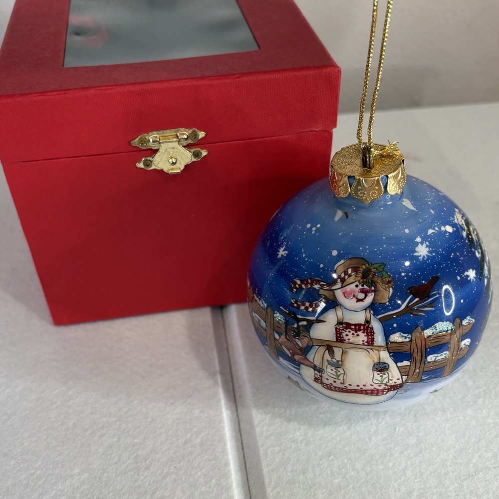 Costco Reverse Hand Painted Glass Snowman Christmas Ornament 4" Holiday Boxed